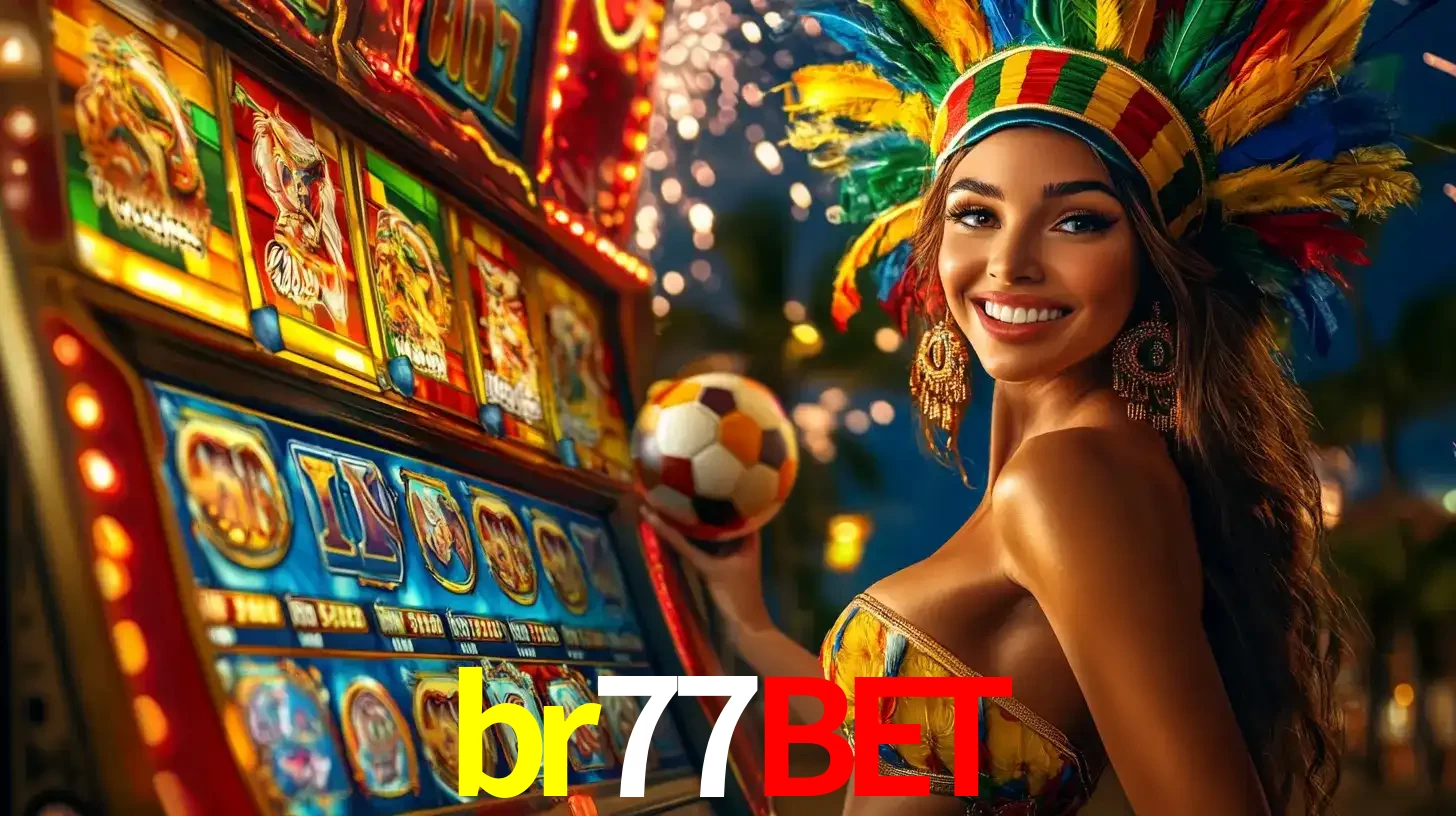 Mulher com um cocar de carnaval ao lado de uma máquina de caça-níqueis enquanto segura uma bola de futebol, mostrando a união da diversão de cassino e esportes no br77bet.