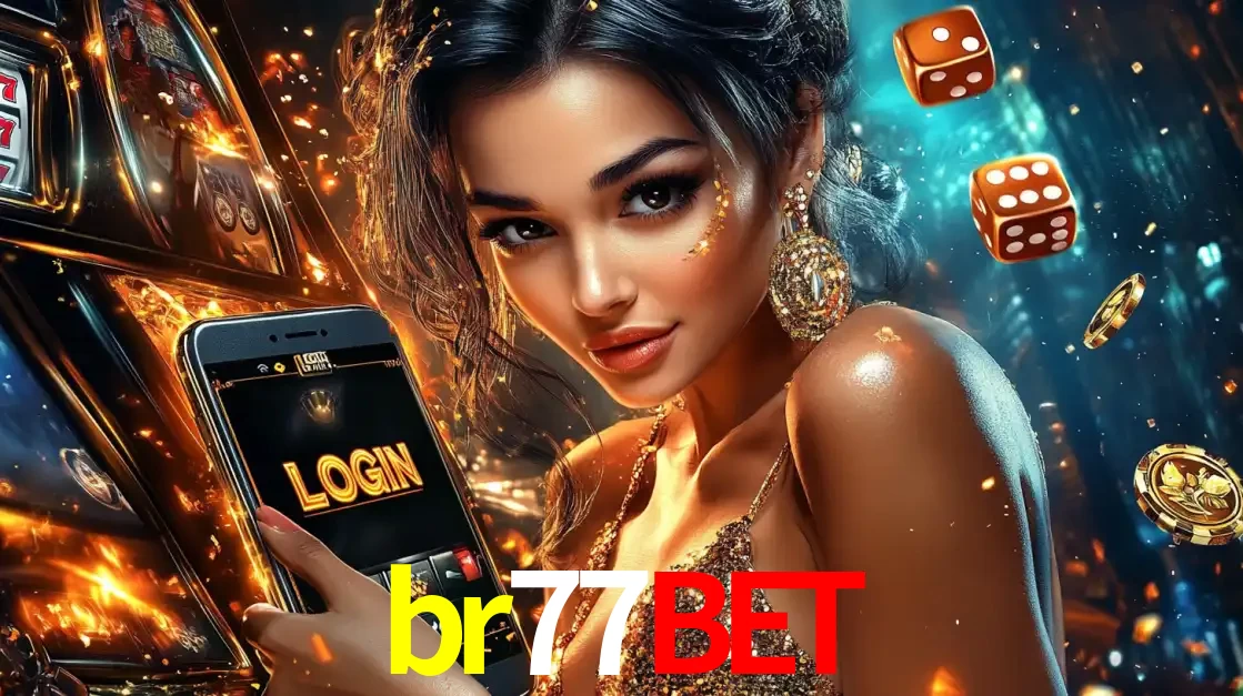 Mulher glamourosa segurando um celular com a tela de login do cassino br77bet, rodeada por dados e moedas douradas, pronta para começar a diversão.