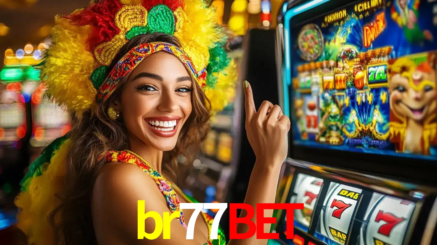 Mulher animada com um cocar de carnaval apontando para uma máquina de caça-níqueis, mostrando a emoção de ganhar um grande prêmio nos jogos do br77bet.