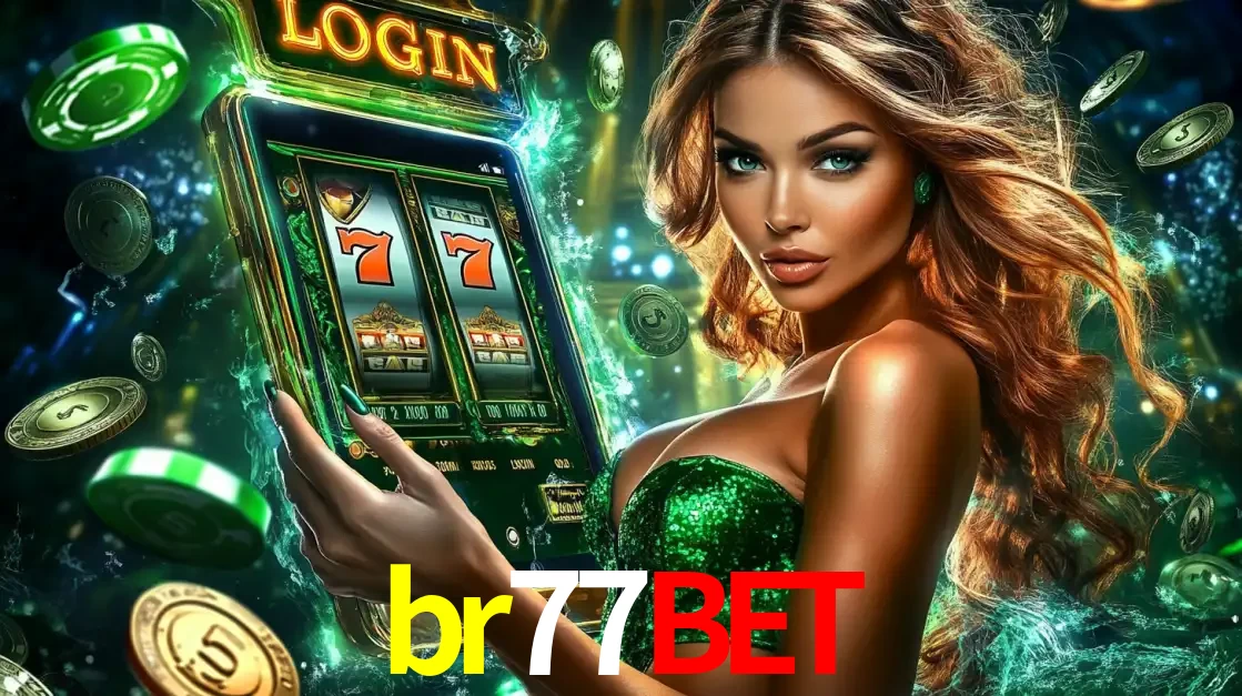 Mulher com tema verde apresentando o aplicativo do cassino br77bet com um jogo de slot de 777, cercada por fichas de cassino e uma aura de sorte.
