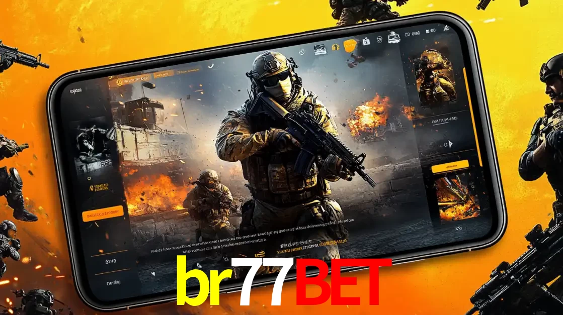 Um smartphone exibindo a interface de um jogo de tiro em primeira pessoa, com um soldado em um cenário de batalha, representando a ação dos e-sports para apostar no br77bet.