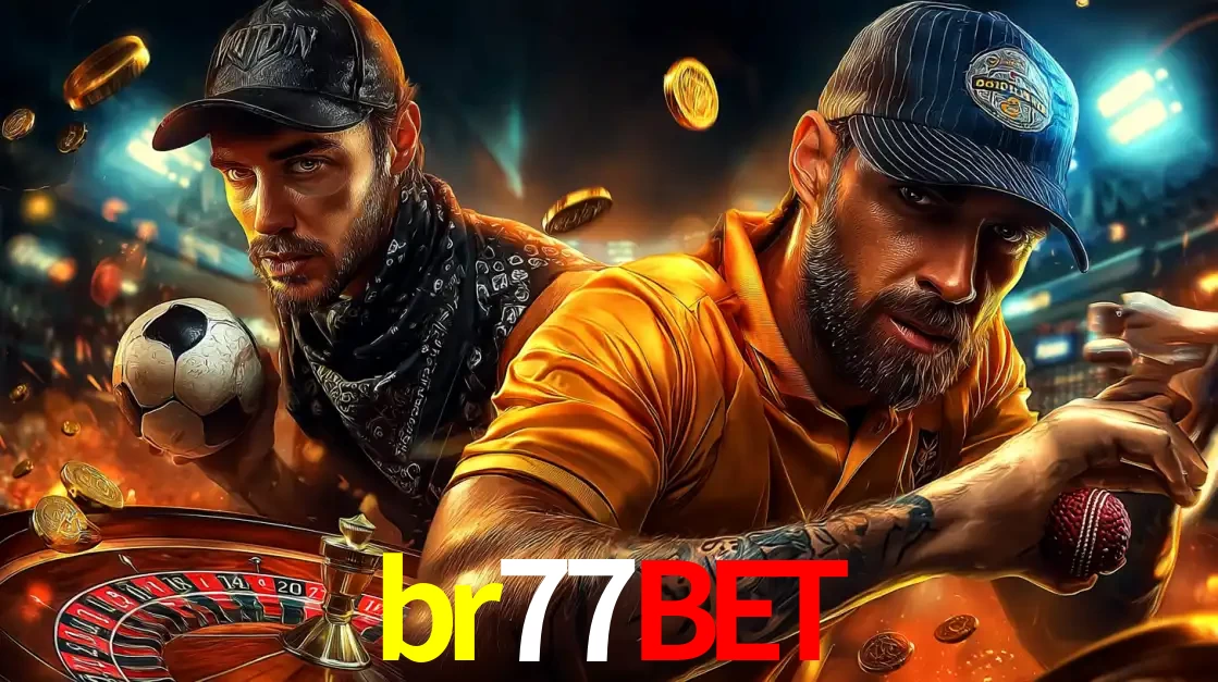 Montagem de apostas esportivas e cassino no br77bet, com um homem segurando uma bola de futebol e outro uma de beisebol sobre uma roleta e moedas voadoras.