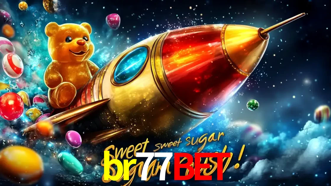 Arte promocional do jogo de slot Sugar Rush, com um urso de pelúcia em um foguete viajando pelo espaço de doces, um dos jogos divertidos disponíveis no cassino br77bet.