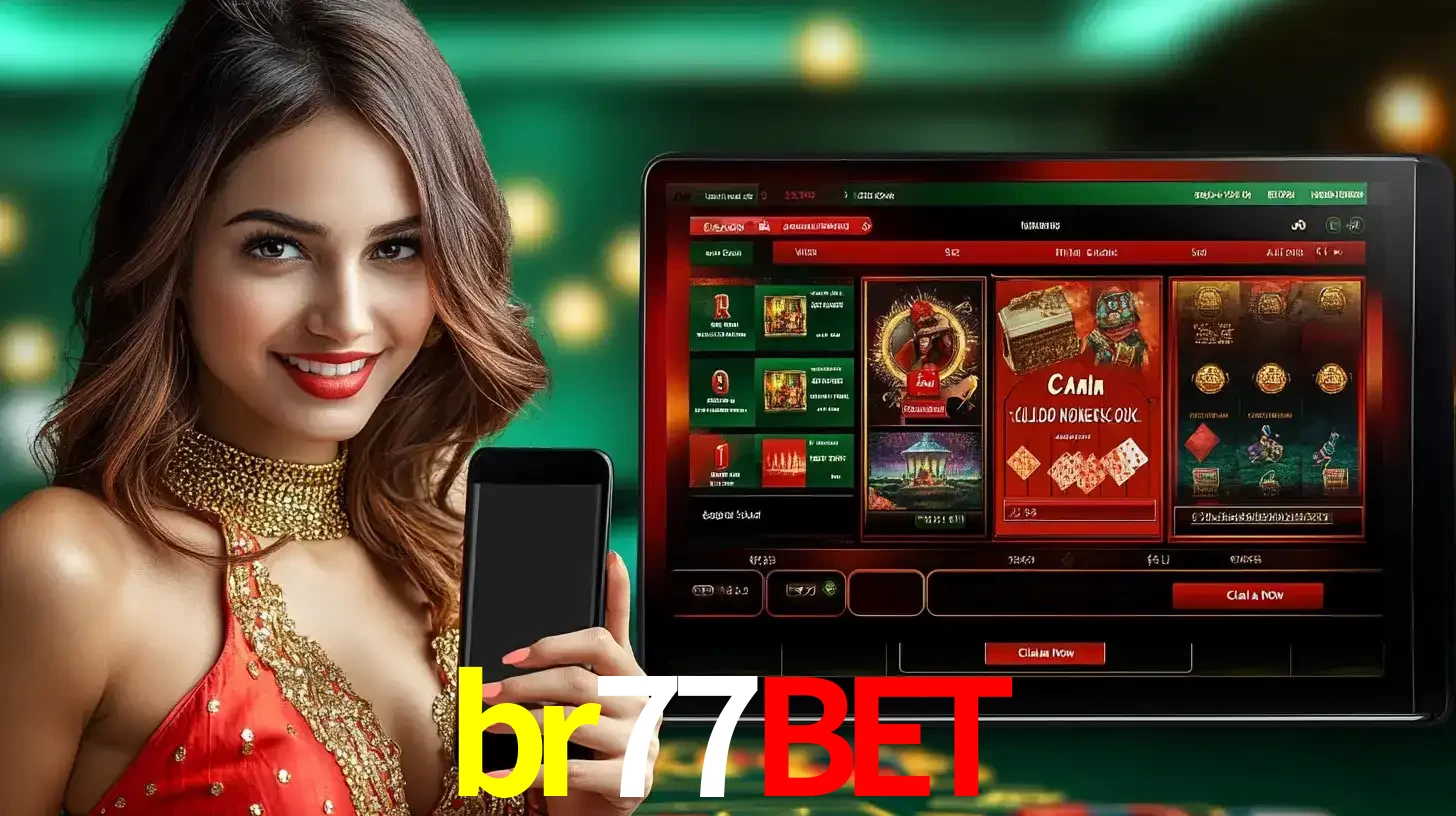 Mulher sorridente segurando um smartphone, ao lado de uma tela exibindo o lobby de jogos do cassino online br77bet, com várias opções de jogos de cartas e slots.
